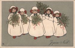 Five Girls in White Robes with Mistletoe and Christmas Tree, Joyeux Noël Postcard