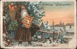 Santa with Gifts in Snowy Village, Fröhliche Weihnachten Postcard