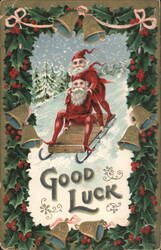 Christmas Elves Sledding, Holly & Bells, Good Luck Greeting Postcard