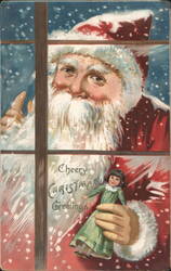 Santa Claus Looking Through Window with Doll, Cheery Christmas Greetings Postcard