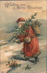 Santa Claus Carrying Holly & Axe in Snow, Wishing You a Merry Christmas Postcard