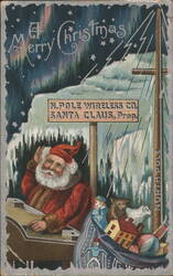 Santa Claus at North Pole Wireless Co. with Aurora Borealis Christmas Postcard