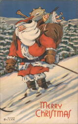 Santa Claus Skiing with Toys, Merry Christmas Greeting Postcard