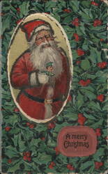 Santa Claus Holding an Elf, Holly and Berries, "A Merry Christmas" Postcard
