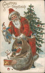 Santa Claus with Toys and Christmas Tree, Christmas Greetings Postcard