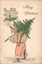 Santa Claus Carrying Christmas Tree and Toys, Snowy Church Scene Postcard