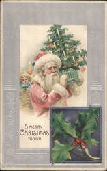 A Merry Christmas Santa Claus with Tree, Girl, Elf & Holly Postcard