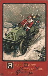 Santa Claus Driving Early Automobile in Snow, "A right Merry Xmas to You" Postcard