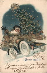 Santa Claus Driving Early Automobile with Christmas Tree, Sretan Božić! 1907 Postcard