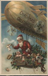 Santa Claus in Zeppelin with Christmas Greetings, Toys, and Angel Postcard