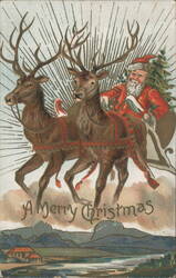 Santa Claus Sleigh Ride with Two Reindeer, A Merry Christmas Greeting Postcard