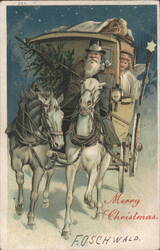 Santa Claus and Angel in Horse-Drawn Carriage, Merry Christmas Postcard