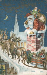 Merry Christmas Greetings: Santa Claus, Reindeer, Sleigh, Church Steeple Postcard