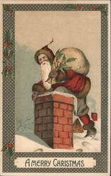 Santa Claus Descending Chimney with Sack of Toys and Holly, A Merry Christmas Postcard