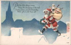 Santa Claus on Rooftop with Gifts and Child, Christmas Poem Postcard