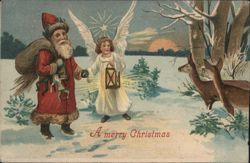 Santa Claus and Angel with Deer in Snowy Landscape, A Merry Christmas Postcard