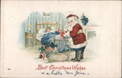 Santa Claus Visiting Sleeping Child with Toys, Best Christmas Wishes Postcard