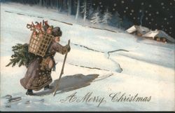 Santa Claus with Basket of Toys in Snowy Landscape, "A Merry Christmas" Postcard