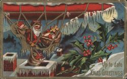 Up to Date Santa Claus in Hot Air Balloon Delivering Christmas Gifts Postcard