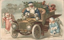 Christmas Greetings, Santa Claus Driving Early Automobile with Angels in Snow Postcard