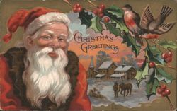 Santa Claus Winter Village Holly Birds - Christmas Greetings Postcard