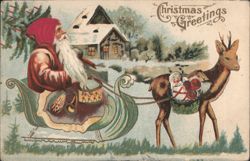 Santa Claus Sleigh Ride with Reindeer, Christmas Greetings Postcard