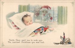 Sleeping Baby & Santa Claus at Window, Christmas Toys Postcard