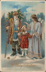 A Merry Christmas with Santa, Child, and Angel in Snowy Scene Postcard