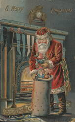A Merry Christmas with Santa Claus by Fireplace & Toys Postcard