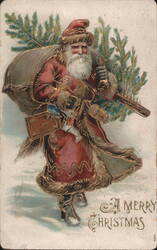 Santa Claus with Sack of Toys, Christmas Tree, and Bell in Snow Postcard