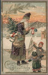 Santa Claus with Fishing Rod, Doll & Children, Snowy Christmas Greetings Postcard