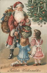 Santa Claus with Children & Christmas Tree, Fröhliche Weihnachten Postcard