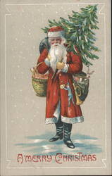 Santa Claus with Christmas Tree, Basket of Fruit, Toys "A Merry Christmas" Postcard