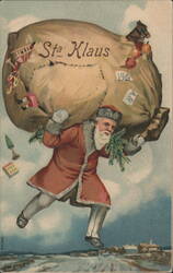 Santa Claus carrying large Sta Klaus sack of toys in snowy landscape 1908 Postcard