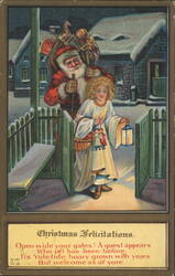 Santa Claus and Angel with Lantern in Snowy Village, Christmas Felicitations Postcard