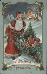 Santa Claus Pulling Toy Cart with Holly, Snowy Christmas Eve Scene Postcard