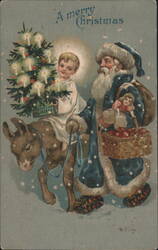 Santa Claus, Child & Donkey with Christmas Tree, Merry Christmas Greeting Postcard