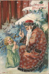 Santa Claus and Young Girl in Snowy Forest, Joyous Christmas Postcard