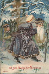 Santa Claus and Child in Snowy Forest, All Good Wishes for Christmas Postcard