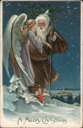 Angel and Santa Claus with Children in Snow, A Merry Christmas Postcard