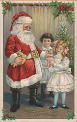 Santa Claus with Children and Christmas Tree, Christmas Greetings Postcard