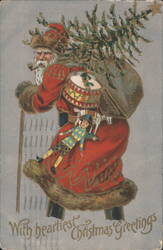 Santa Claus with Christmas Tree, Drum, and Toy Soldier, Heartiest Christmas Greetings Postcard