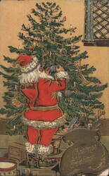Santa Claus Decorating Christmas Tree with Toys, Christmas Greetings Postcard