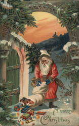 Santa Claus Delivering Toys in Snowy Archway, A Merry Christmas Postcard