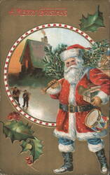 Santa Claus with Christmas Tree and Toys, Winter Scene Postcard