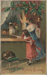 Woman & Girl Watch Santa Claus at Window, Holly & Bells, Sleeping Dog Postcard