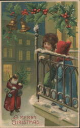 A Merry Christmas: Children Watching Santa, Holly & Bells, Snow Scene Postcard