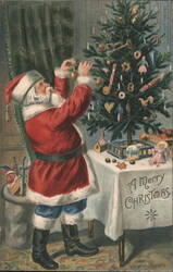 Santa Claus Decorating Christmas Tree with Toys, "A Merry Christmas" Postcard