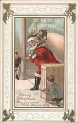 Santa Claus Entering St. Nicolas Toy Emporium with Children and Toys Postcard