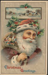 Santa Claus with Sack of Toys and Snowy Village, Christmas Greetings Postcard
